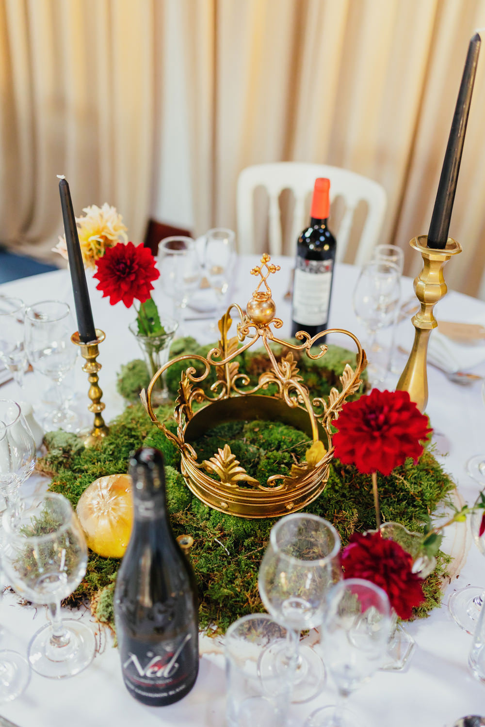 Fairytale Centrepiece Table Decor Moss Candlesticks Gold Crown Yorkshire Woodland Wedding James and Lianne
