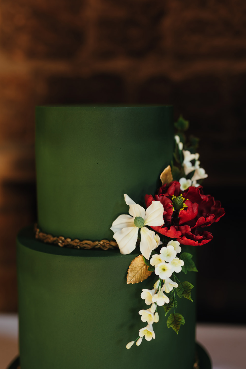 Three Tier Emerald Green Cake Gold Flowers Decor Yorkshire Woodland Wedding James and Lianne