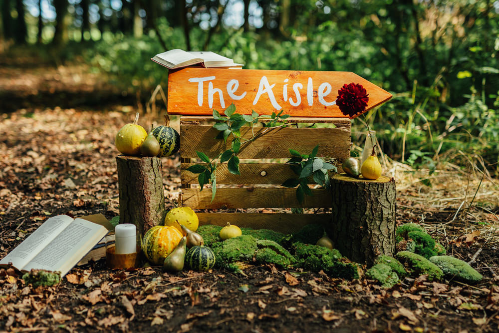 Aisle Ceremony Decor Wooden Crate Sign Yorkshire Woodland Wedding James and Lianne