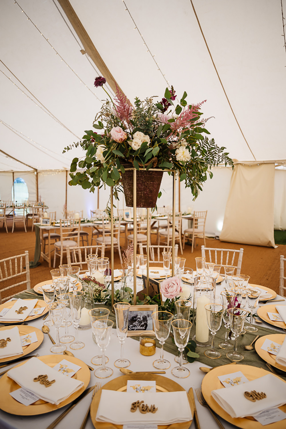Table Centrepiece Decor Tall Flowers Greenery Runner Gold Plates Bedfordshire Country House Wedding Two D Photography