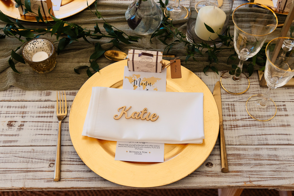 Place Setting Decor Gold Plate Laser Cut Name Bedfordshire Country House Wedding Two D Photography