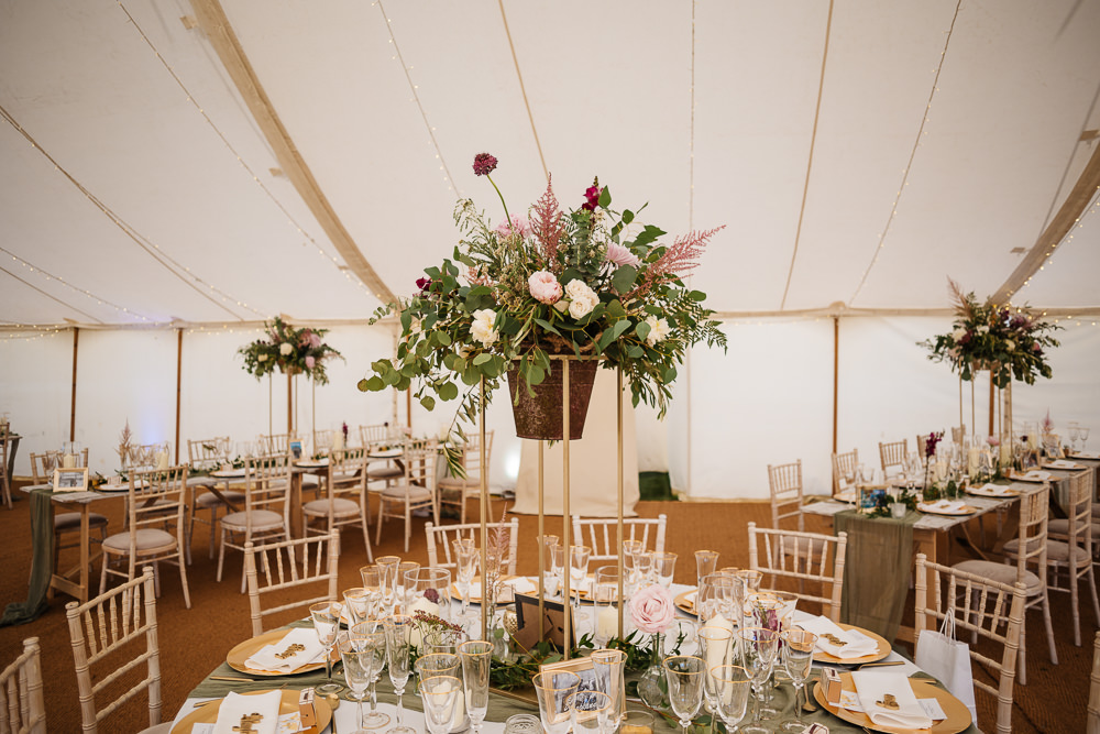 Table Centrepiece Decor Tall Flowers Greenery Runner Gold Plates Bedfordshire Country House Wedding Two D Photography