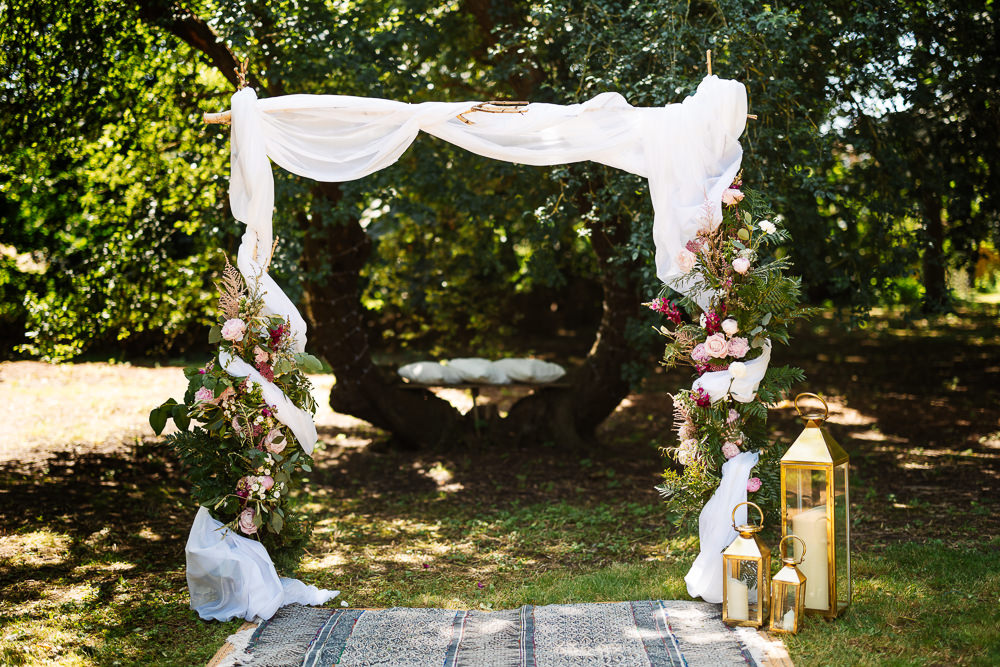 Outdoor Ceremony Fabric Arch Flowers Backdrop Bedfordshire Country House Wedding Two D Photography