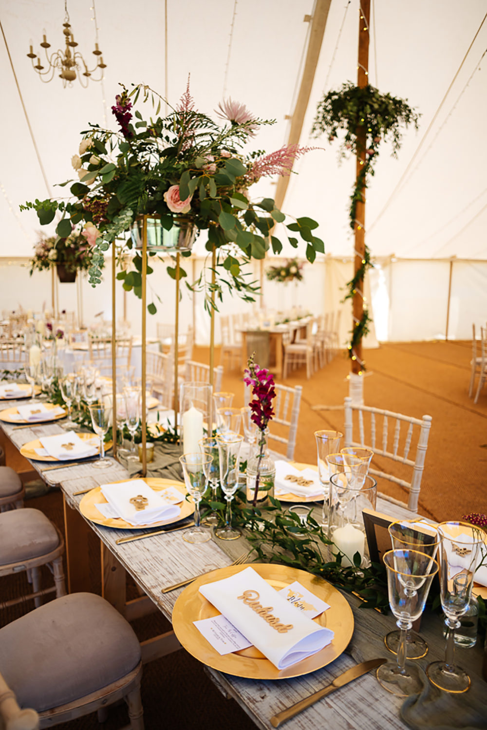 Table Centrepiece Decor Tall Flowers Greenery Runner Gold Plates Bedfordshire Country House Wedding Two D Photography