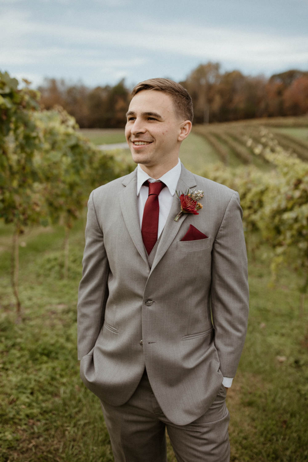 Groom Grey Suit Red Tie CeNita Vineyards Wedding Kate Hensley Phillips Photography