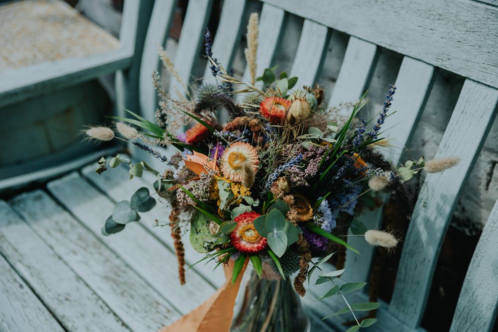 Bouquet Flowers Bride Bridal Orange Greenery Grass Cheswell Grange Wedding James Merrick Photography