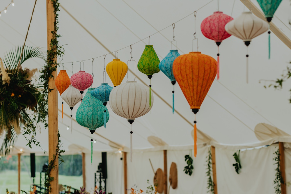 Colourful Marquee Lanterns Cheswell Grange Wedding James Merrick Photography