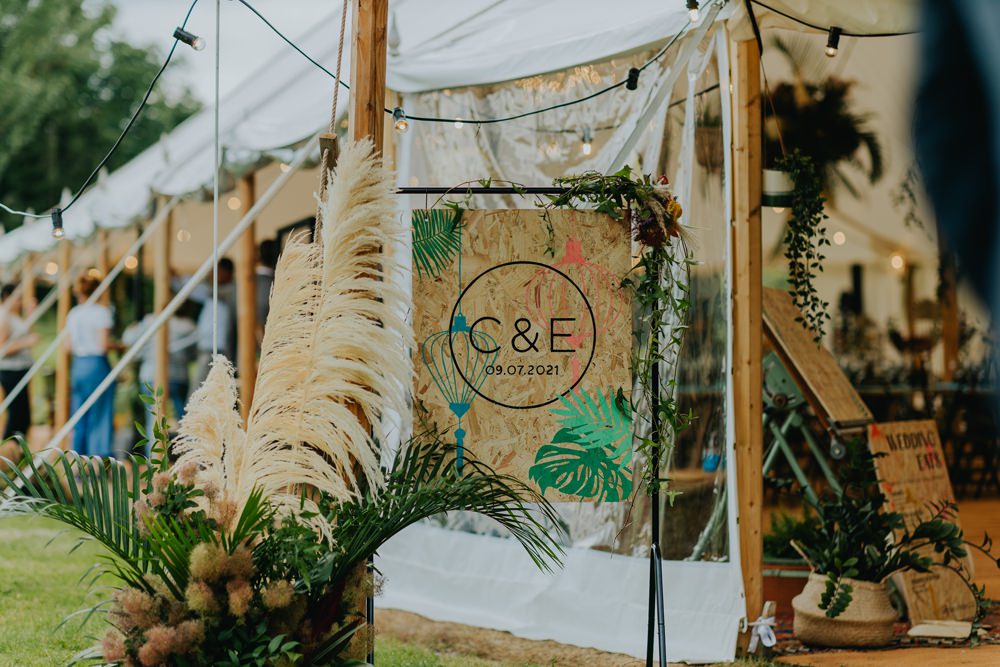 Wood Sign Modern Pampas Grass Greenery Cheswell Grange Wedding James Merrick Photography