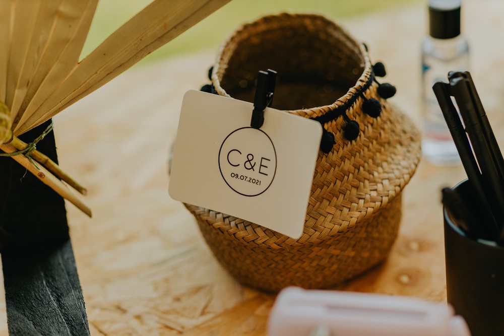 Pom Pom Basket Peronalised Label Cheswell Grange Wedding James Merrick Photography
