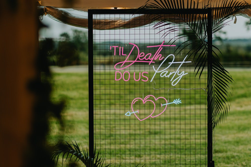 Neon Sign Backdrop Decor Cheswell Grange Wedding James Merrick Photography