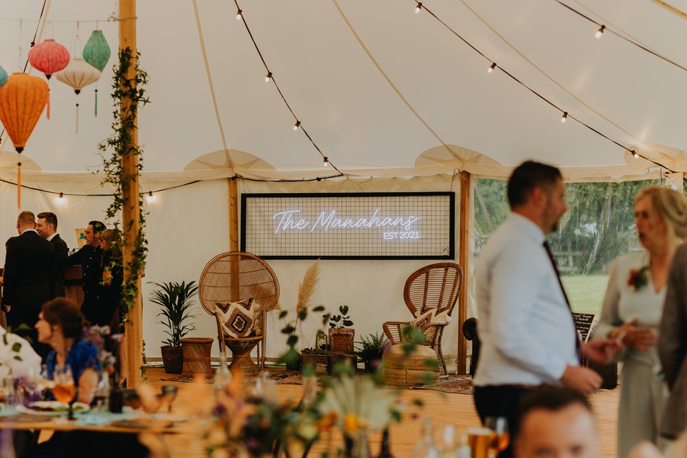 Neon Sign Backdrop Decor Cheswell Grange Wedding James Merrick Photography