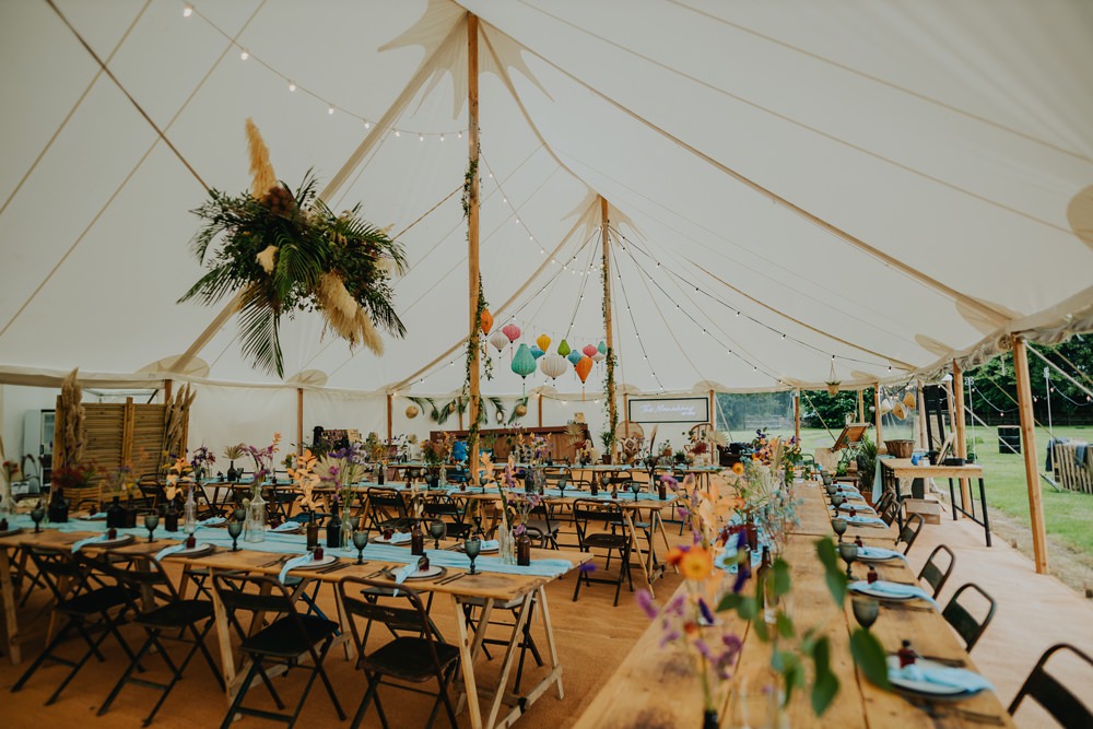 Colourful Marquee Lanterns Neon Signs Wooden Tables Industrial Cheswell Grange Wedding James Merrick Photography