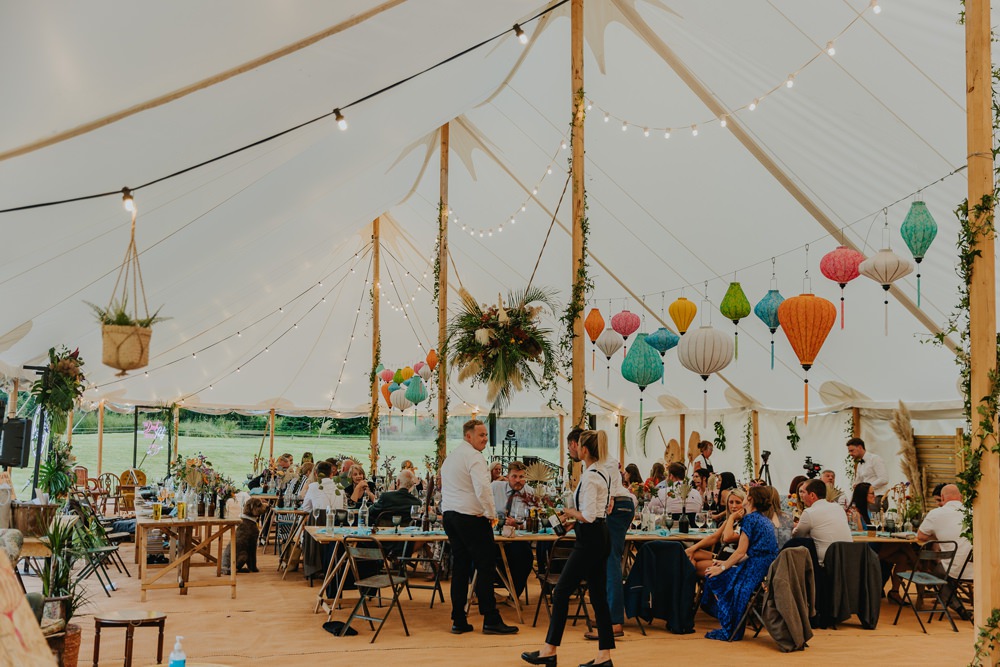 Colourful Marquee Lanterns Neon Signs Wooden Tables Industrial Cheswell Grange Wedding James Merrick Photography