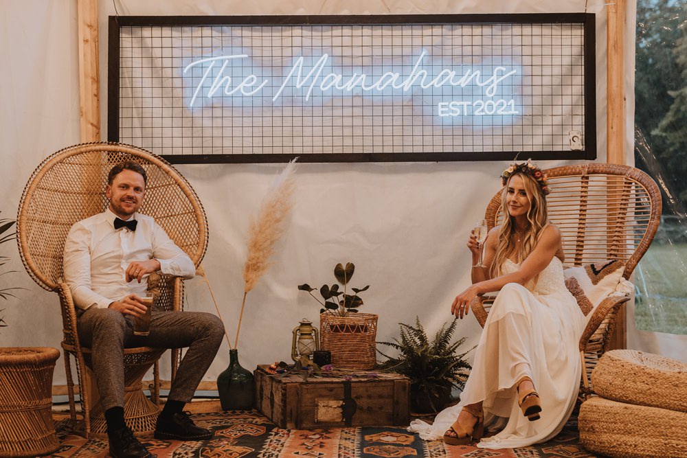 Neon Sign Backdrop Decor Peacock Chairs Cheswell Grange Wedding James Merrick Photography