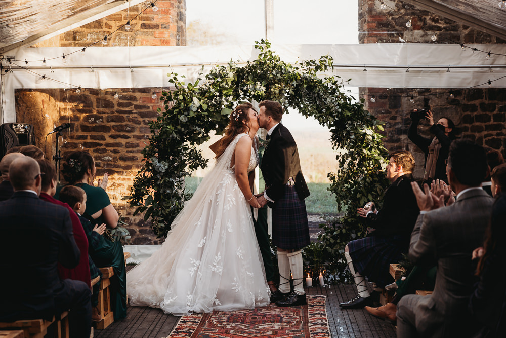 Greenery Moon Gate Flower Arch Backdrop Ceremony Clophill Eco Lodges Wedding ThymeLane Photography