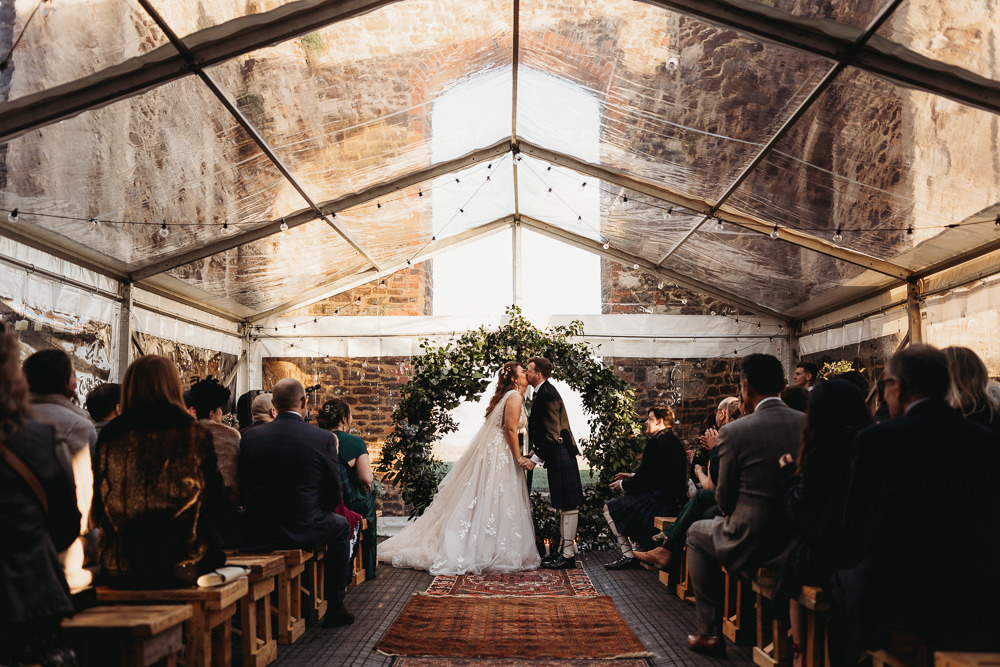 Greenery Moon Gate Flower Arch Backdrop Ceremony Rug Aisle Clear Marquee Clophill Eco Lodges Wedding ThymeLane Photography