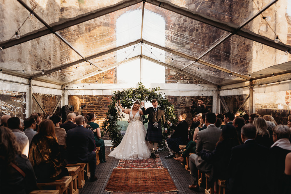Greenery Moon Gate Flower Arch Backdrop Ceremony Rug Aisle Clear Marquee Clophill Eco Lodges Wedding ThymeLane Photography