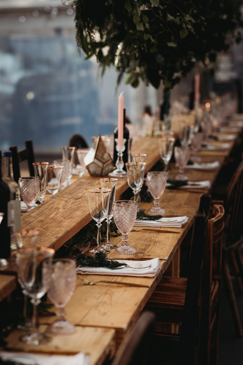 Long Wooden Tables High Shelf Decor Clophill Eco Lodges Wedding ThymeLane Photography