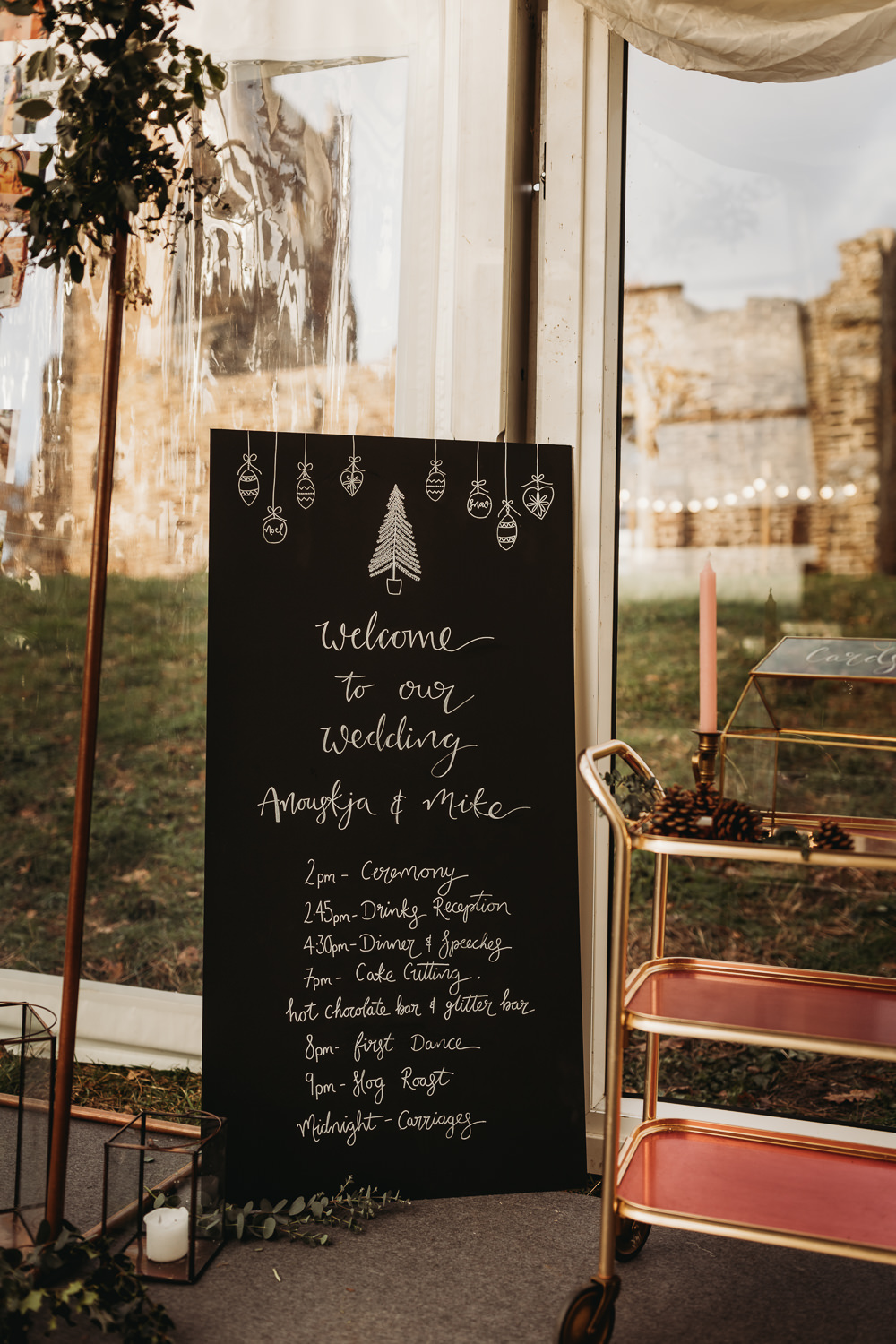 Welcome Sign Chalkboard Christmas Clophill Eco Lodges Wedding ThymeLane Photography
