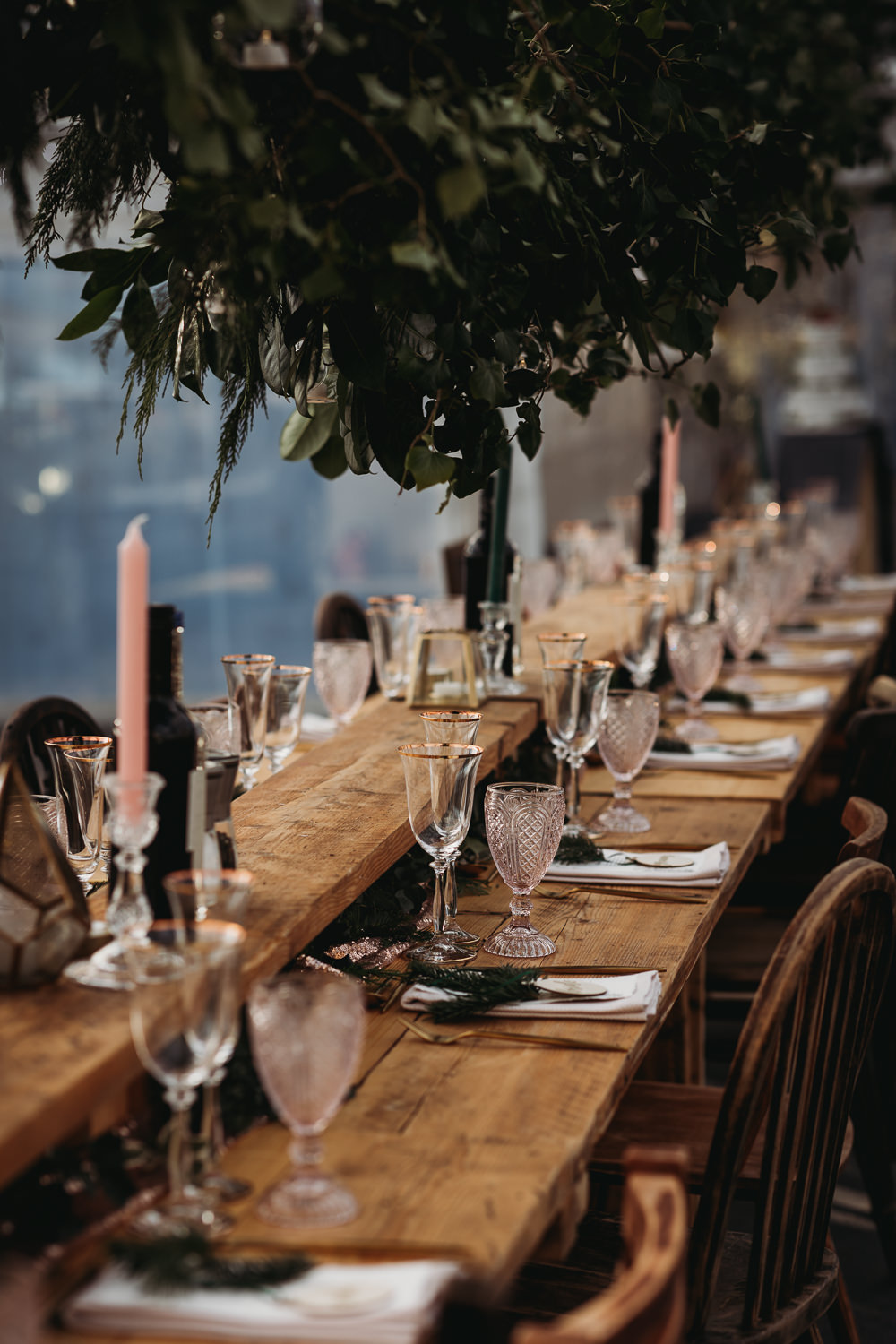 Long Wooden Tables High Shelf Decor Clophill Eco Lodges Wedding ThymeLane Photography