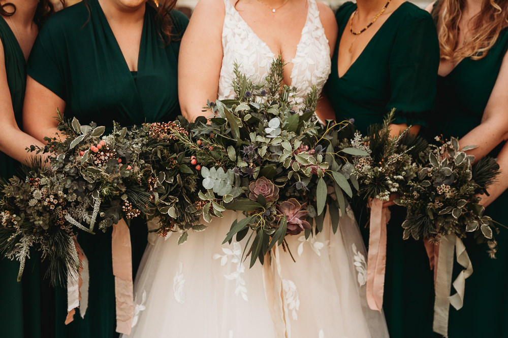 Greenery Bouquets Bride Bridesmaids Clophill Eco Lodges Wedding ThymeLane Photography