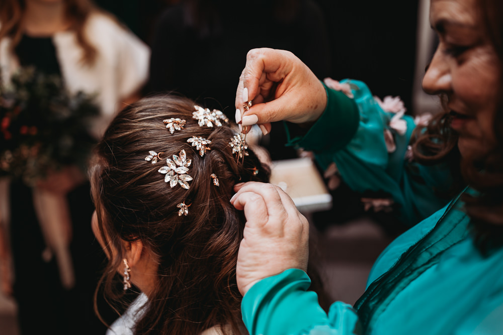 Bride Bridal Hairstyle Pins Clips Clophill Eco Lodges Wedding ThymeLane Photography