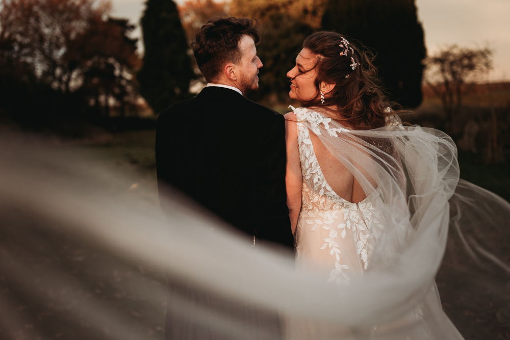 Dress Gown Bride Bridal Lace Tulle Cape Veil Clophill Eco Lodges Wedding ThymeLane Photography