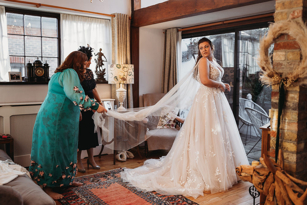 Dress Gown Bride Bridal Lace Tulle Veil Clophill Eco Lodges Wedding ThymeLane Photography