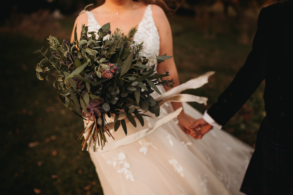 Bouquet Flowers Bride Bridal Christmas Greenery Ribbon Clophill Eco Lodges Wedding ThymeLane Photography