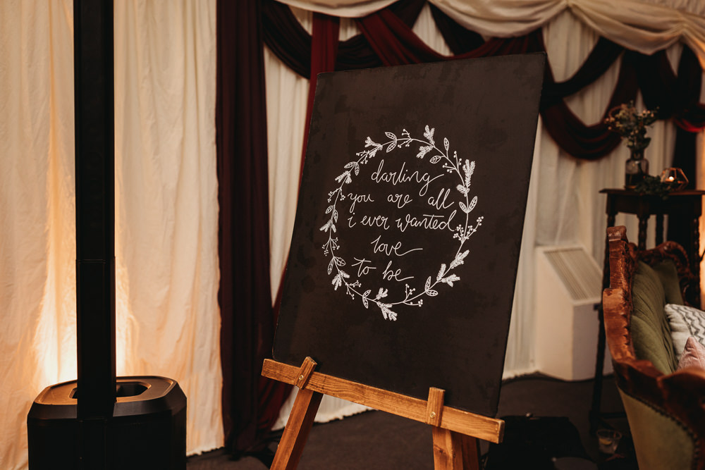 Welcome Sign Chalkboard Christmas Clophill Eco Lodges Wedding ThymeLane Photography