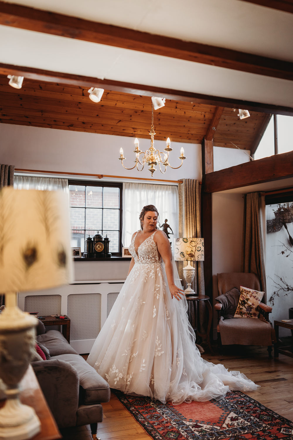 Dress Gown Bride Bridal Lace Tulle Veil Clophill Eco Lodges Wedding ThymeLane Photography