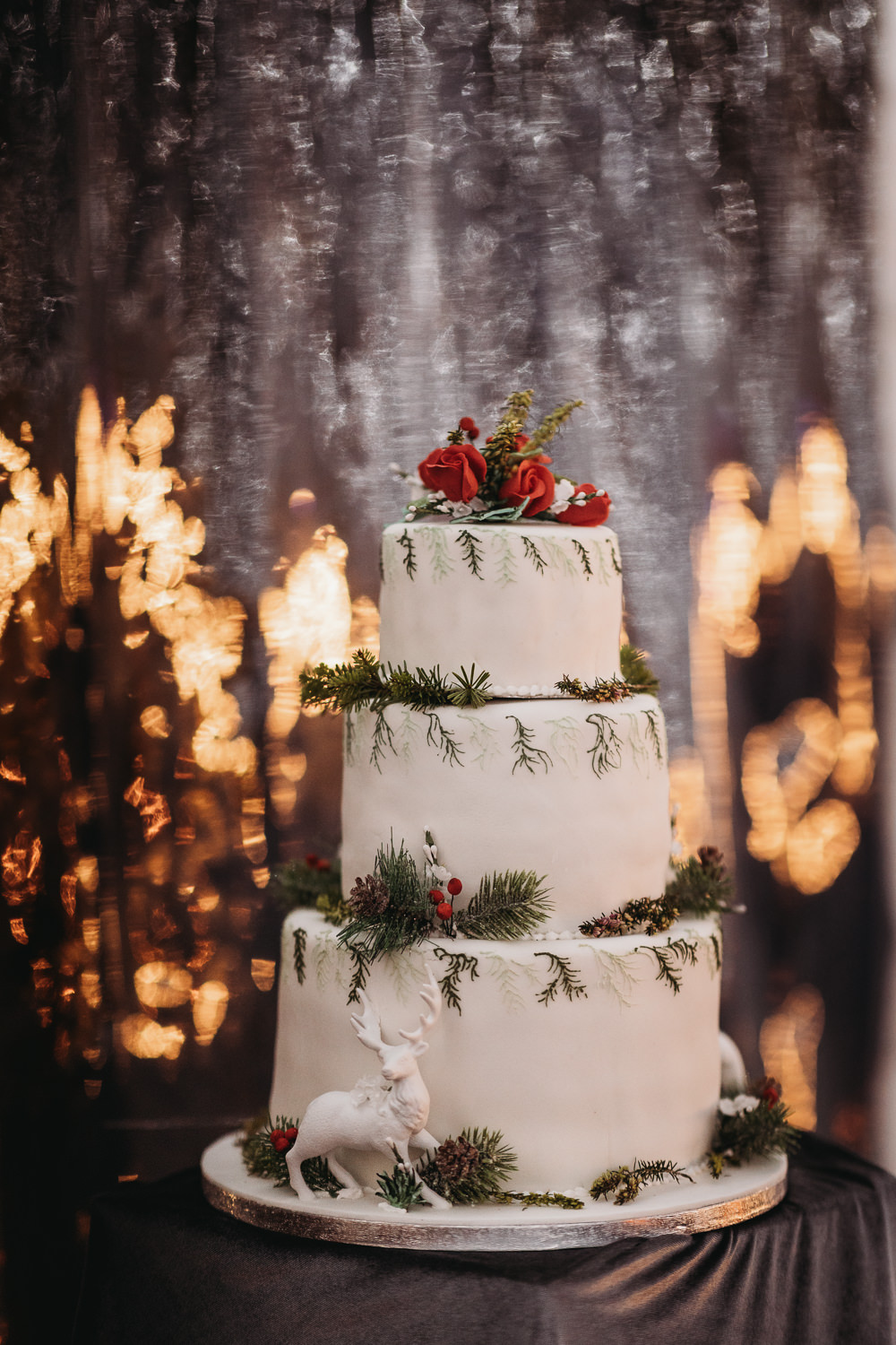 White Iced Cake Greenery Berries Deer Clophill Eco Lodges Wedding ThymeLane Photography