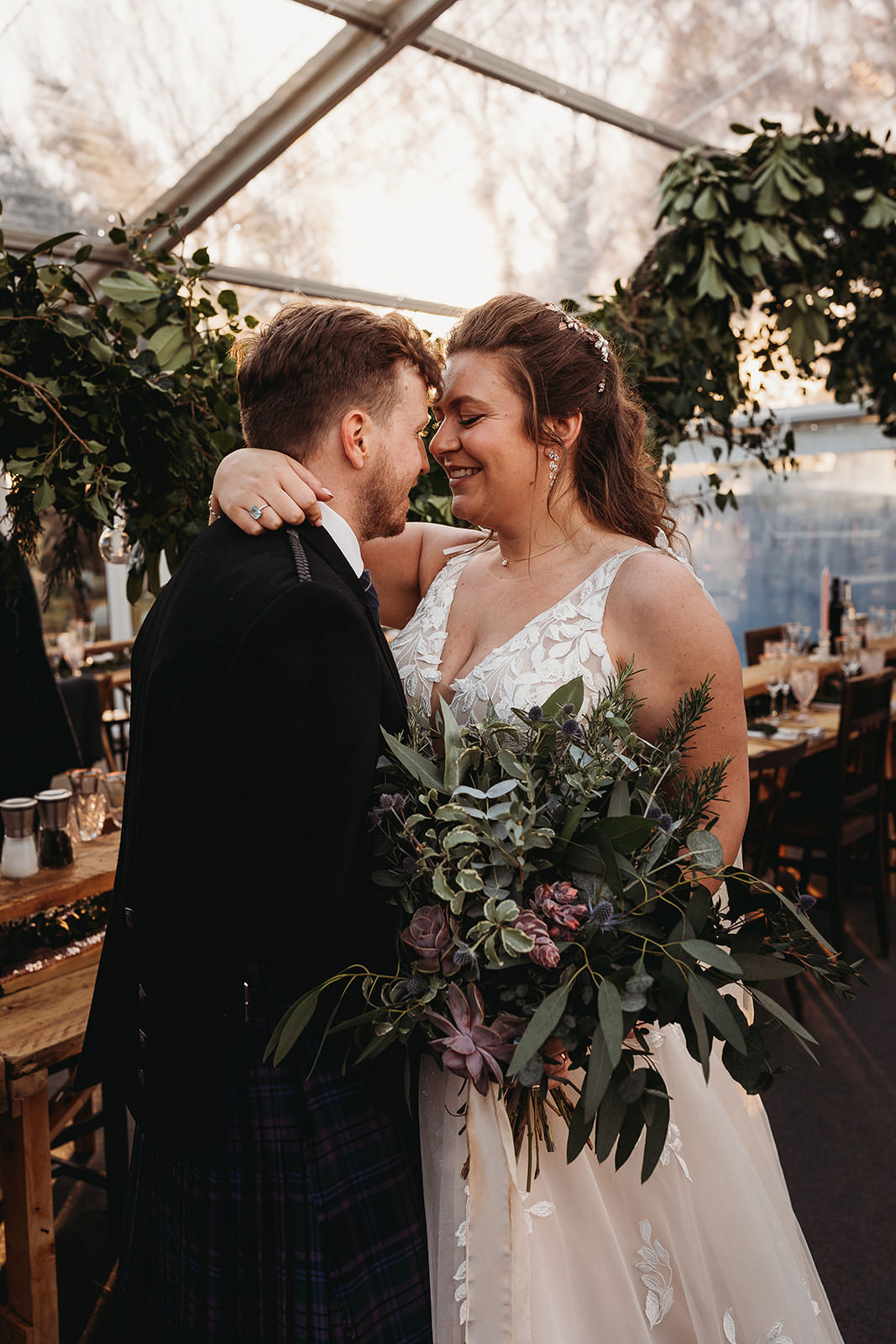 Clophill Eco Lodges Wedding ThymeLane Photography Bouquet Flowers Bride Bridal Christmas Greenery Ribbon