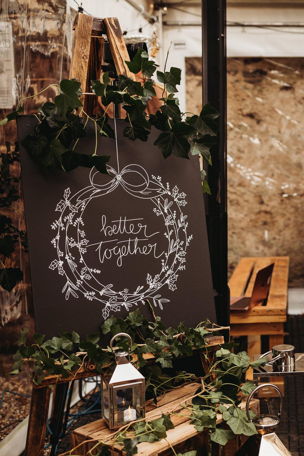 Welcome Sign Chalkboard Christmas Greenery Clophill Eco Lodges Wedding ThymeLane Photography