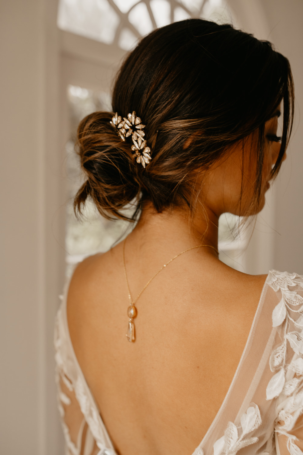 Bride Bridal Hairstyle Up Do Chignon Clips Back Necklace December Wedding Ideas Megan Donati Photography