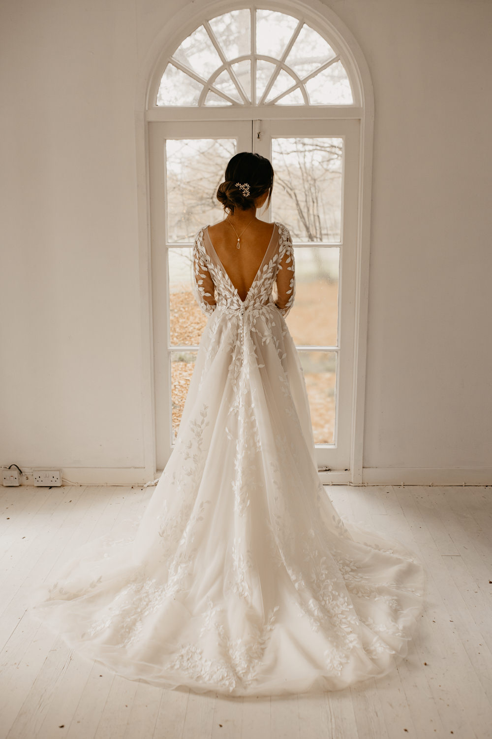 Dress Gown Bride Bridal Floral Applique Train Long Sleeves December Wedding Ideas Megan Donati Photography