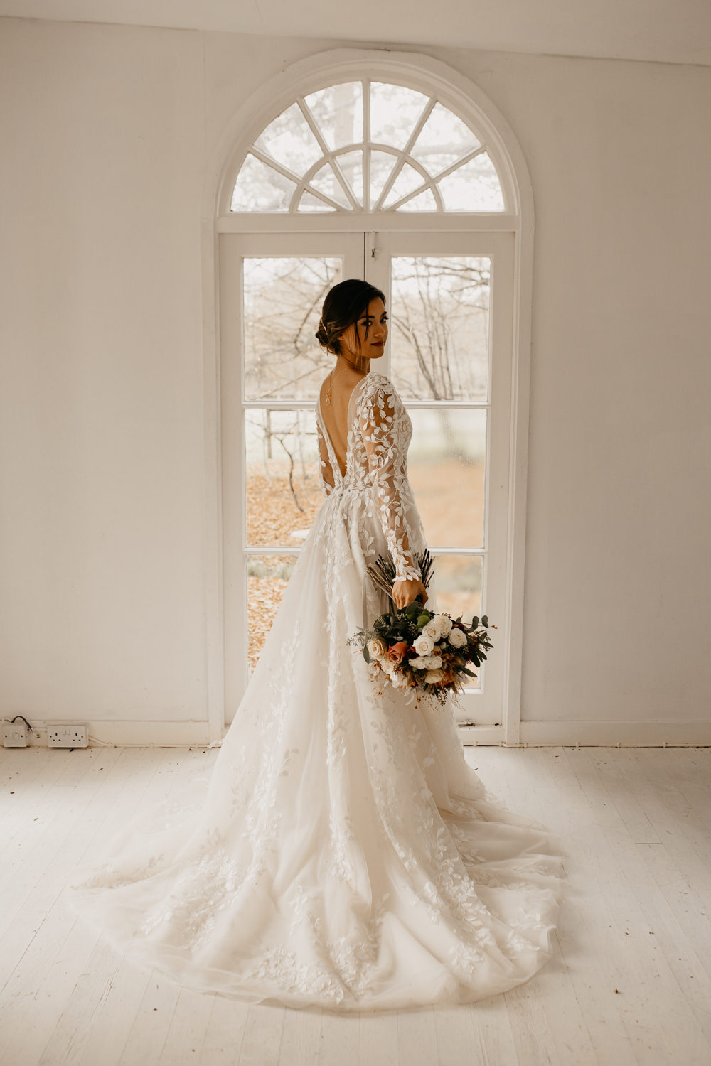 Dress Gown Bride Bridal Floral Applique Train Long Sleeves December Wedding Ideas Megan Donati Photography