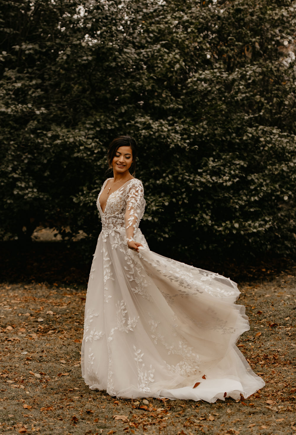Dress Gown Bride Bridal Floral Applique Train Long Sleeves December Wedding Ideas Megan Donati Photography