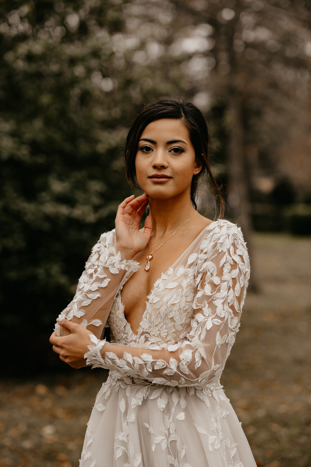 Dress Gown Bride Bridal Floral Applique Train Long Sleeves December Wedding Ideas Megan Donati Photography