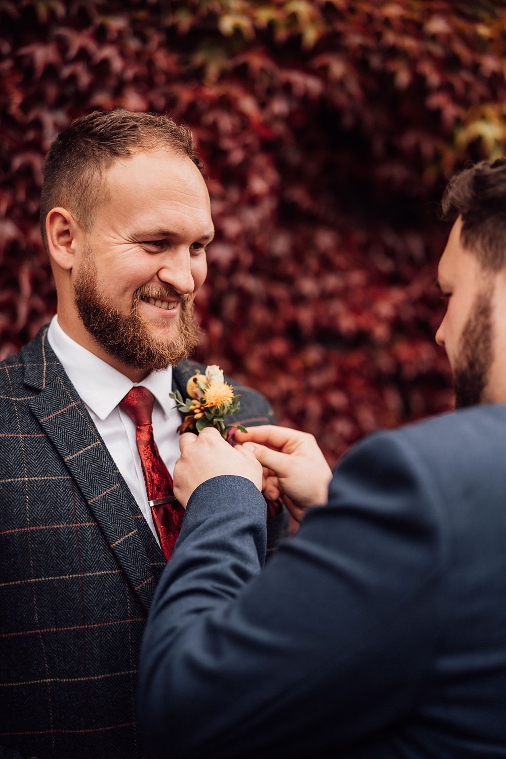 Groom Check Suit Red TIe Granary on the Common Wedding Bloom Weddings