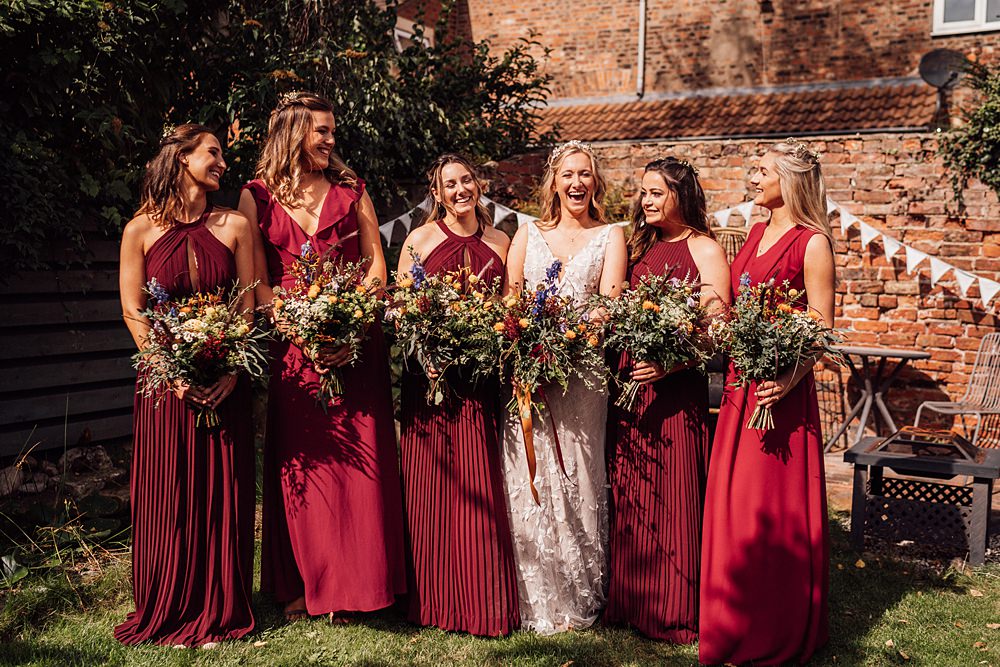 Red Bridesmaids Dress Dresses Greenery Bouquets Granary on the Common Wedding Bloom Weddings
