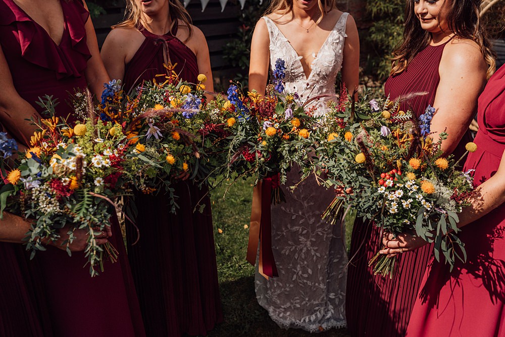 Red Bridesmaids Dress Dresses Greenery Bouquets Granary on the Common Wedding Bloom Weddings