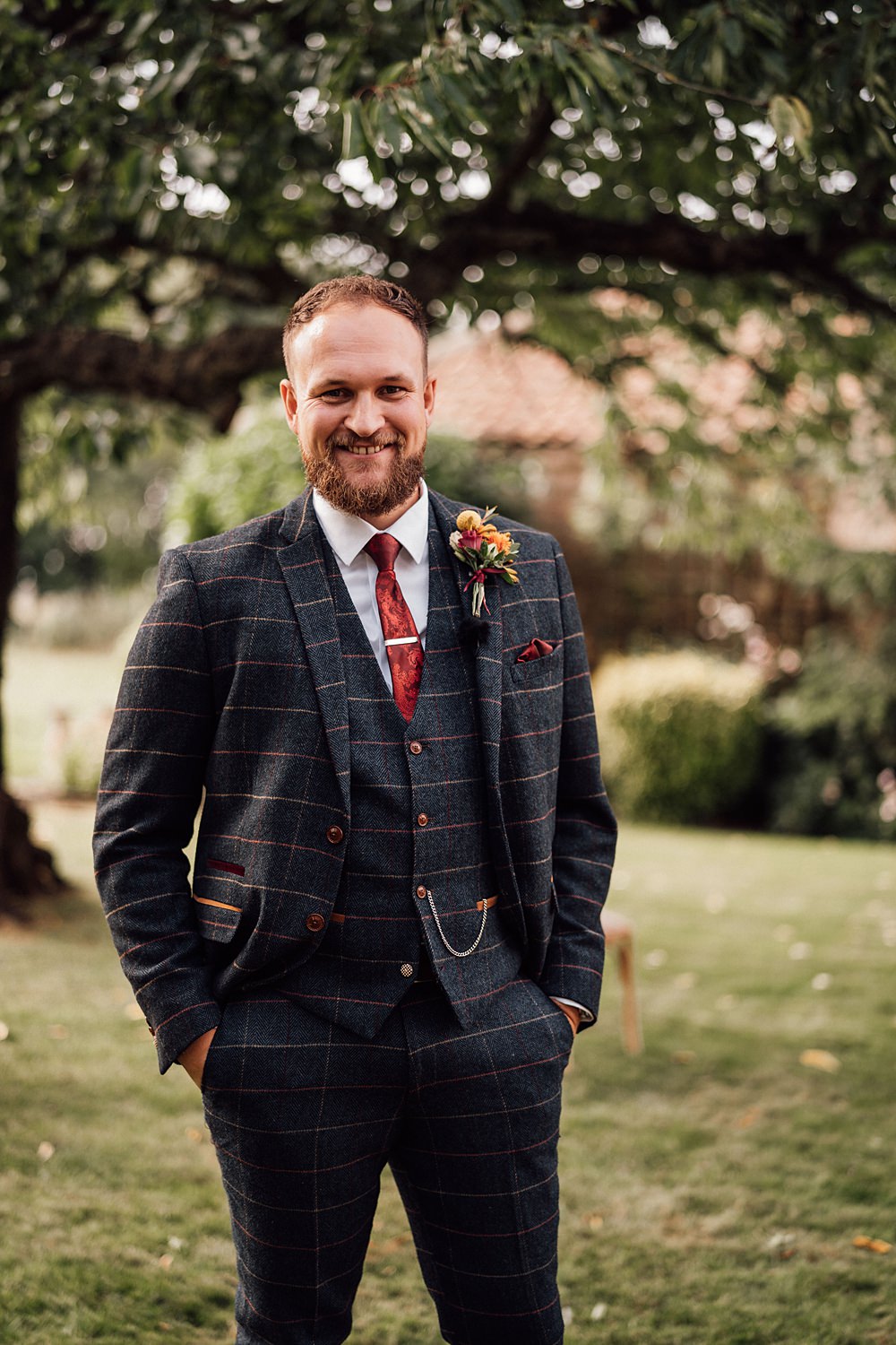 Groom Check Suit Red TIe Granary on the Common Wedding Bloom Weddings