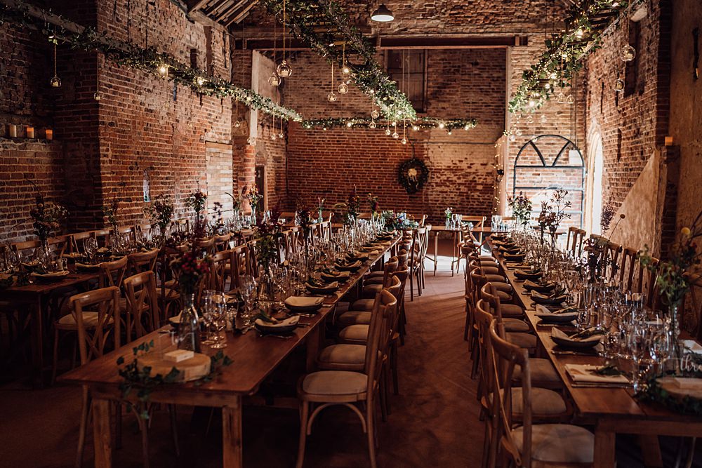 Barn Rustic Wooden Tables Festoon Lights Decor Granary on the Common Wedding Bloom Weddings