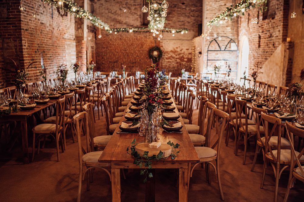 Barn Rustic Wooden Tables Festoon Lights Decor Granary on the Common Wedding Bloom Weddings