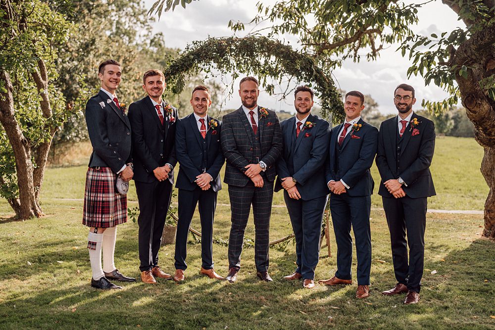 Groom Check Suit Red TIe Groomsmen Granary on the Common Wedding Bloom Weddings