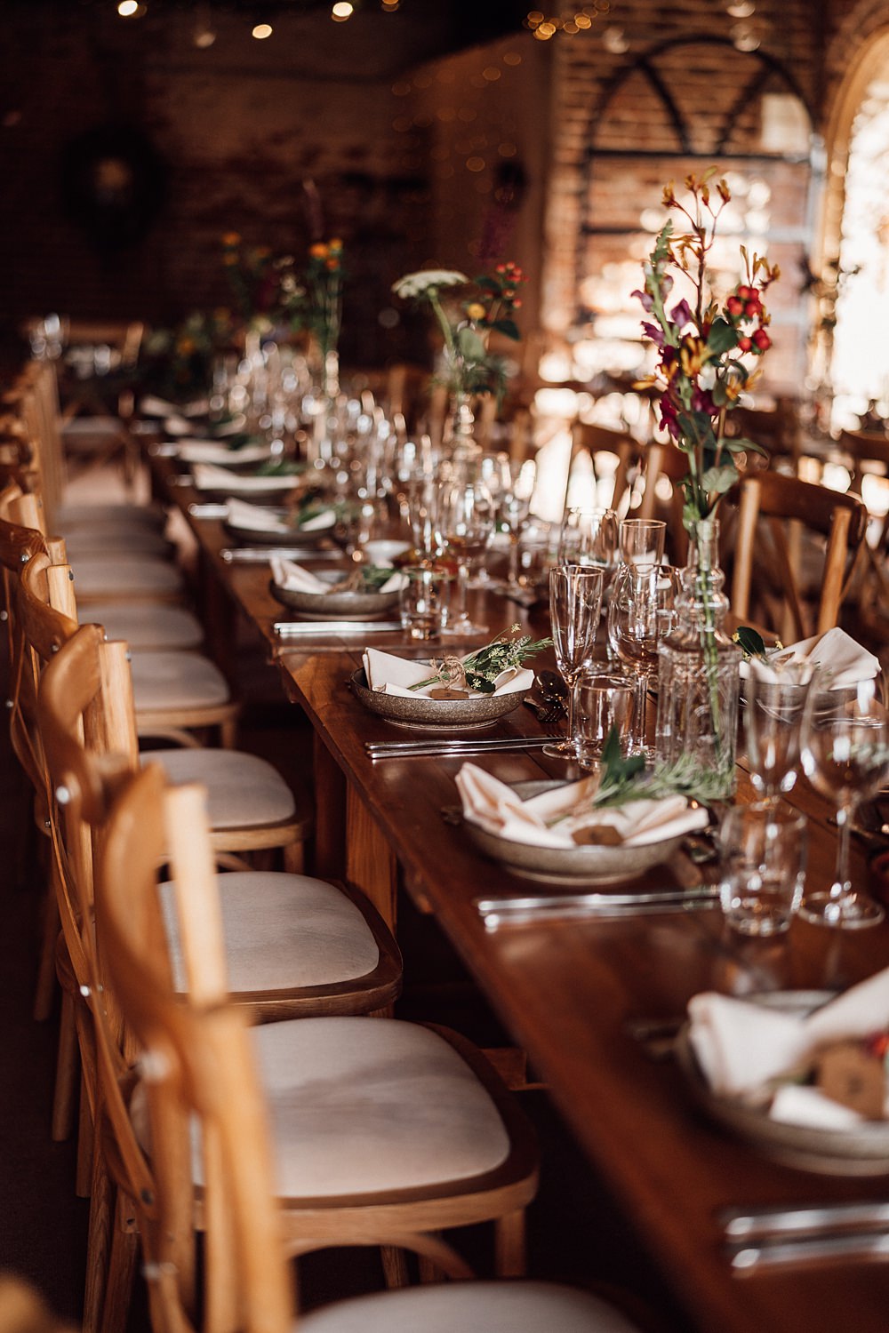 Long Wooden Table Decor Flowers Candles Granary on the Common Wedding Bloom Weddings