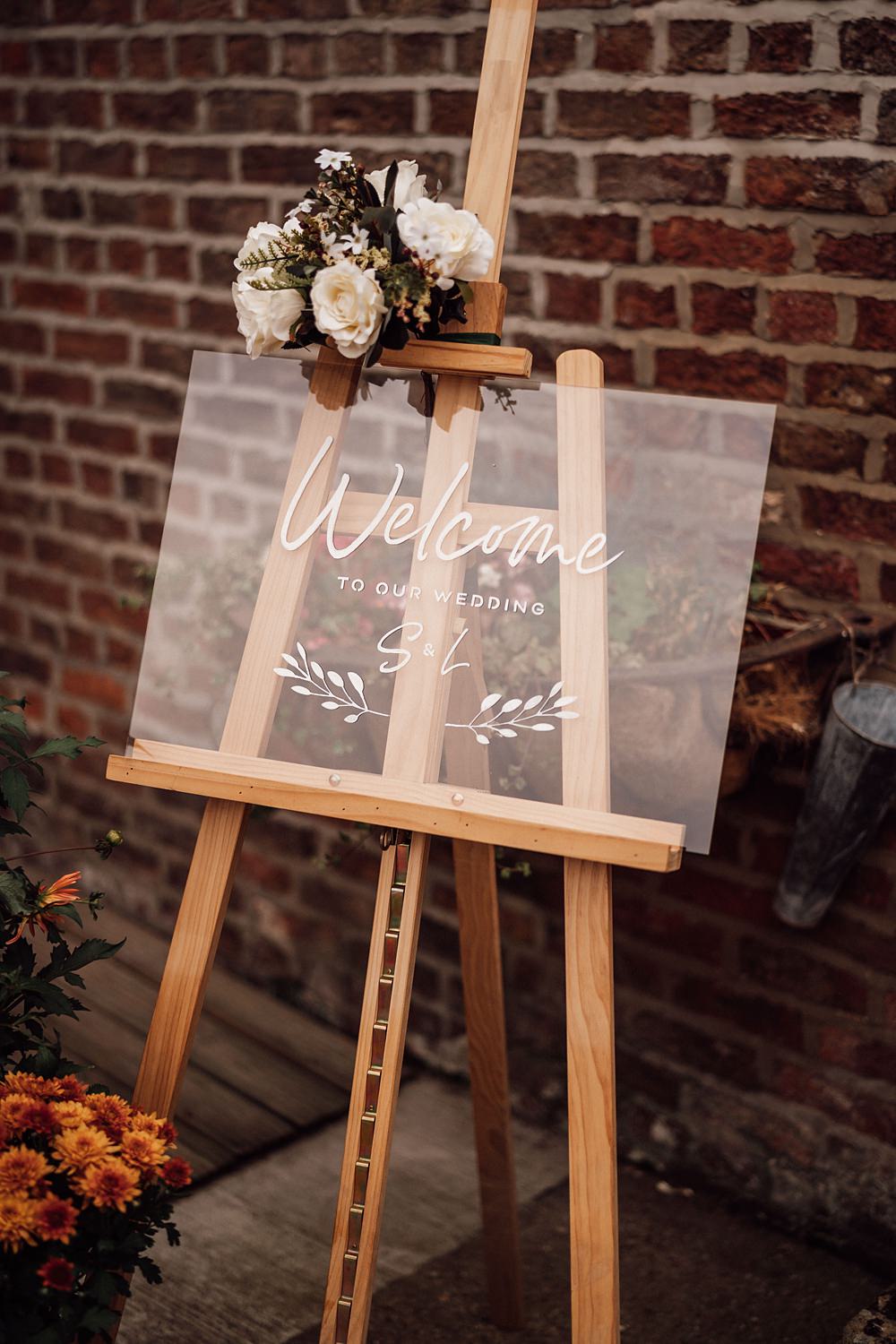 Acrylic Welcome Sign Easel Flowers Granary on the Common Wedding Bloom Weddings
