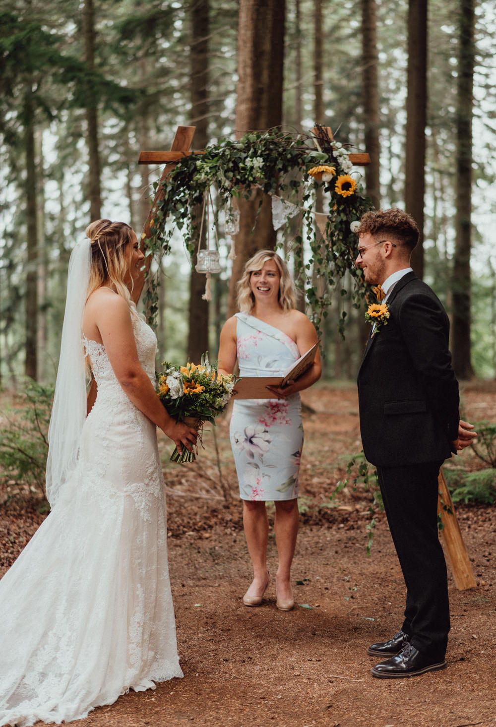 Wooden Arch Ceremony Backdrop Greenery Sunflower Hampshire Woodland Wedding Emily & Steve