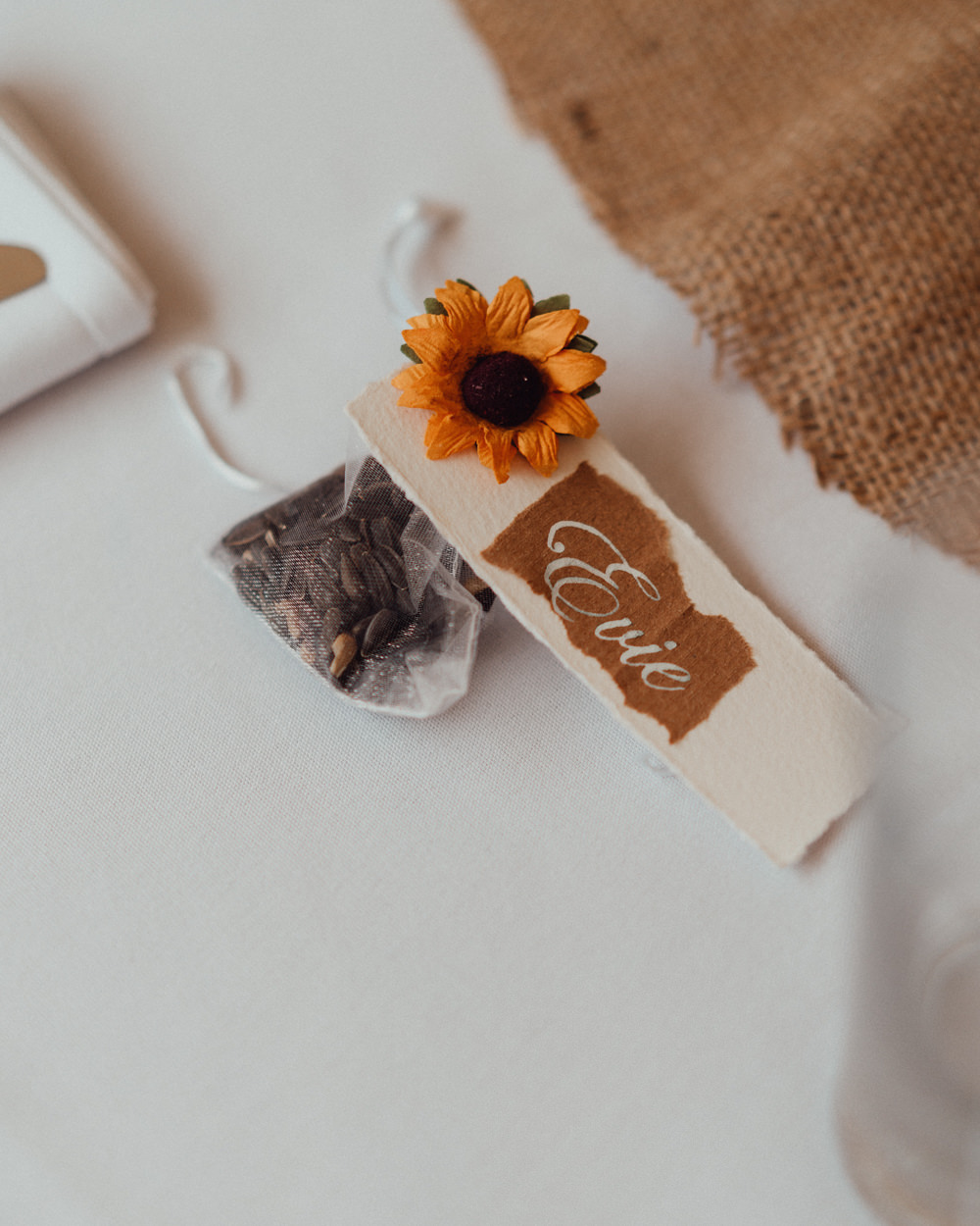 Place Name Tag Sunflower Hampshire Woodland Wedding Emily & Steve
